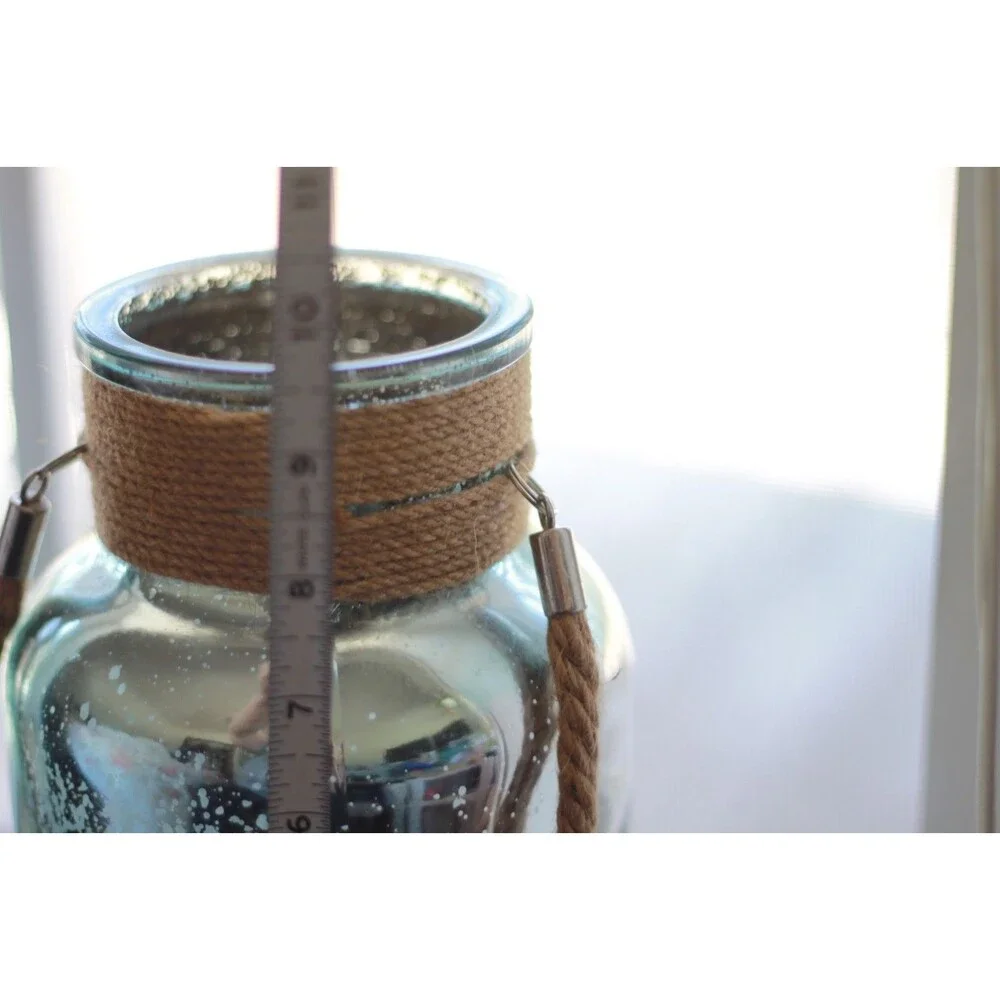 Mark Feldstein Mercury Teal Glass Canister Jar Vase Candle Holder Jute Handle